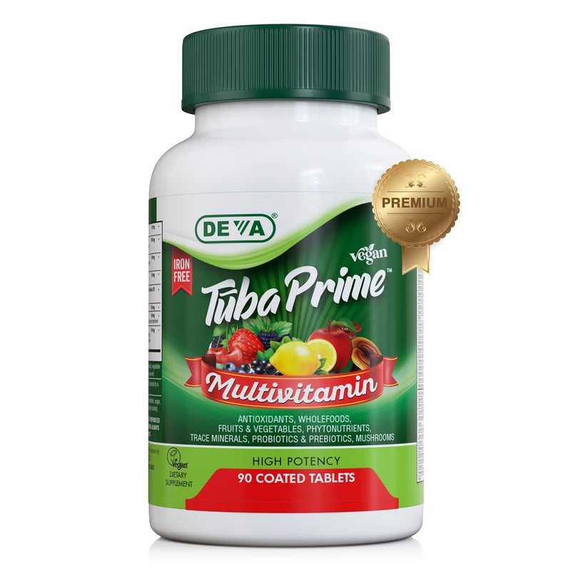 DEVA Tuba Prime Vegan Multivitamin Iron-Free - High-Potency Vitamin & Mineral Dietary Supplement - Antioxidants, Fruit & Vegetable Blend, Super Mushrooms, Probiotics, Prebiotics, Seeds, Herbs 90 Tabs 90 Count (Pack of 1)