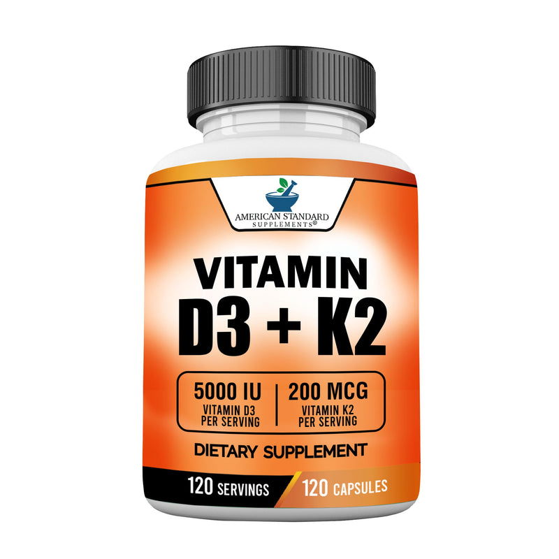 American Standard Supplements Vitamin D3 5000 IU (125mcg) Plus Vitamin K2 (MK7) 200mcg Per Capsule - Gluten Free, Non-GMO, 120 Capsules, 120 Servings, 120 Day Supply 1 Count (Pack of 120)