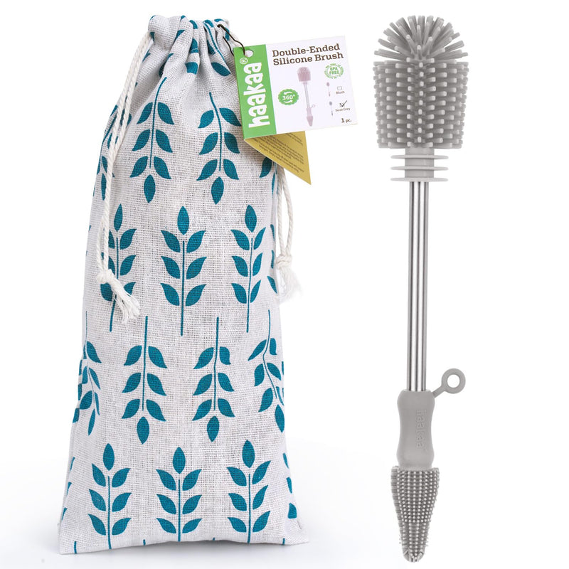 haakaa Cleaning Brush Silicone Bottle Brush Double-Ended Soft Silicone Bristles for Breast Pumps, Breast Milk Collectors, Baby Bottles, Teats, Breastmilk Storage Bags, Detachable - Grey, 1pk Gray - BeesActive Australia