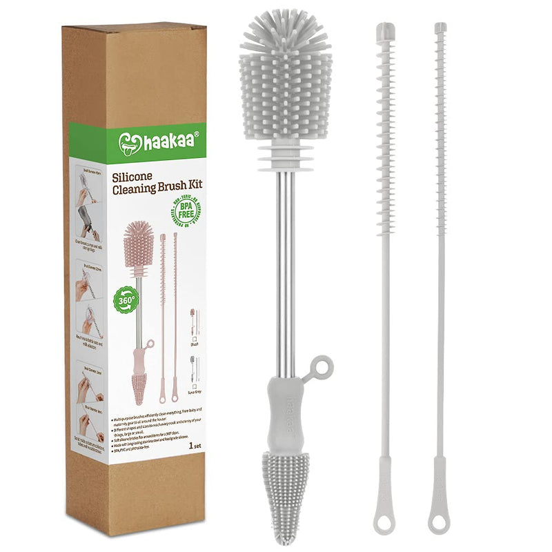 haakaa Silicone Cleaning Brush Kit - SUVA Grey - Bottle Brush for Breast Pumps, Breast Milk Collector, Baby Bottles, Nipples, Breastmilk Storage Bags - BeesActive Australia
