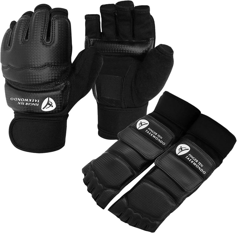 Taekwondo Sparring Gear Gloves Hand and Foot Protectors White Protective Guards Set for Boxing Kickboxing Fit Adult Men Women Kids Training Black Medium