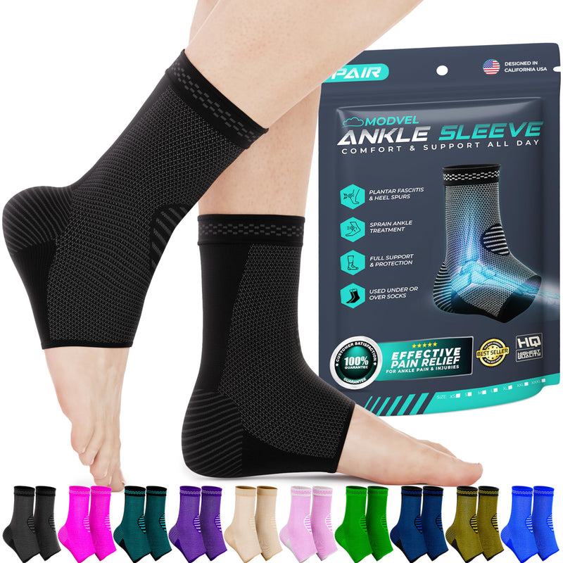 Modvel Ankle Brace for Women & Men - 1 Pair of Ankle Support Sleeve & Ankle Wrap - Compression Ankle Brace for Sprained Ankle, Achilles Tendonitis, Plantar Fasciitis, & Injured Foot Medium A Black - BeesActive Australia