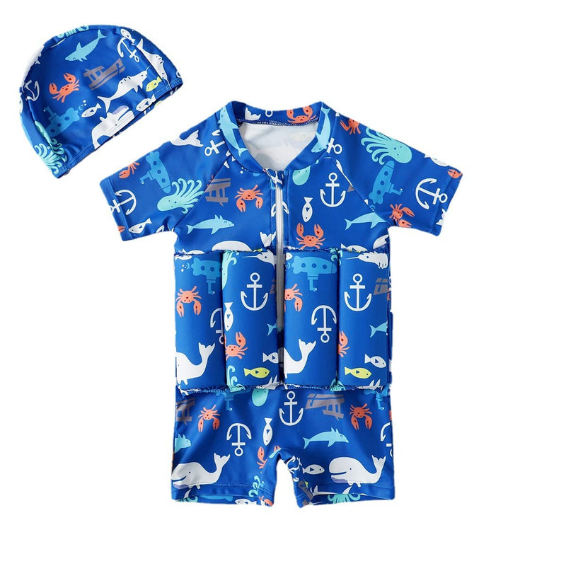 Baby Toddler Girls Boys Float Suit One Piece Rashguard Cartoon Short Sleeve Zip up Buoyancy Swimsuit +Cap 1-2T Blue