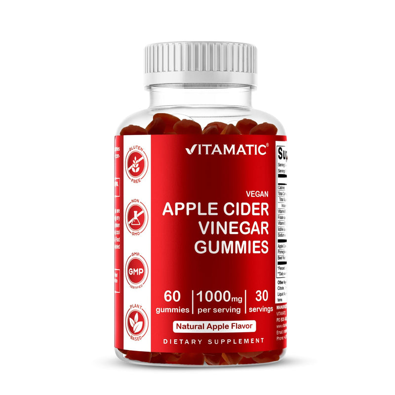 Vitamatic Apple Cider Vinegar Gummies 1000 mg Per Serving, 60 Vegan Gummies | Pectin Based, Support Weight Loss*, Energy Boost*, Digestion & Gut health*, Gluten Free, Non GMO 60 Count (Pack of 1)