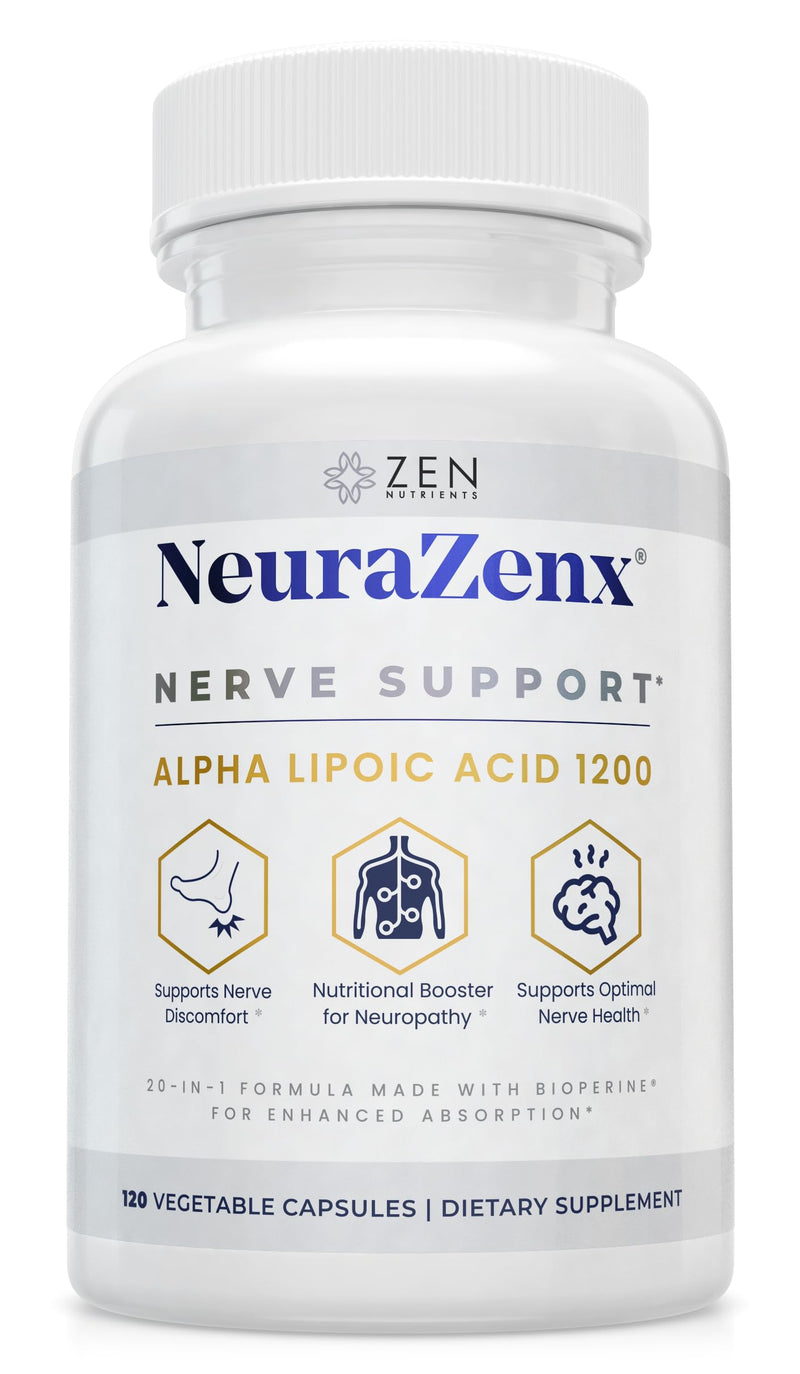 Zen Nutrients NeuraZenX Nerve Support & Peripheral Neuropathy Support Supplement with 1200mg Alpha Lipoic Acid (ALA), Benfotiamine, L-Carnitine, and Turmeric 120 Count (Pack of 1)