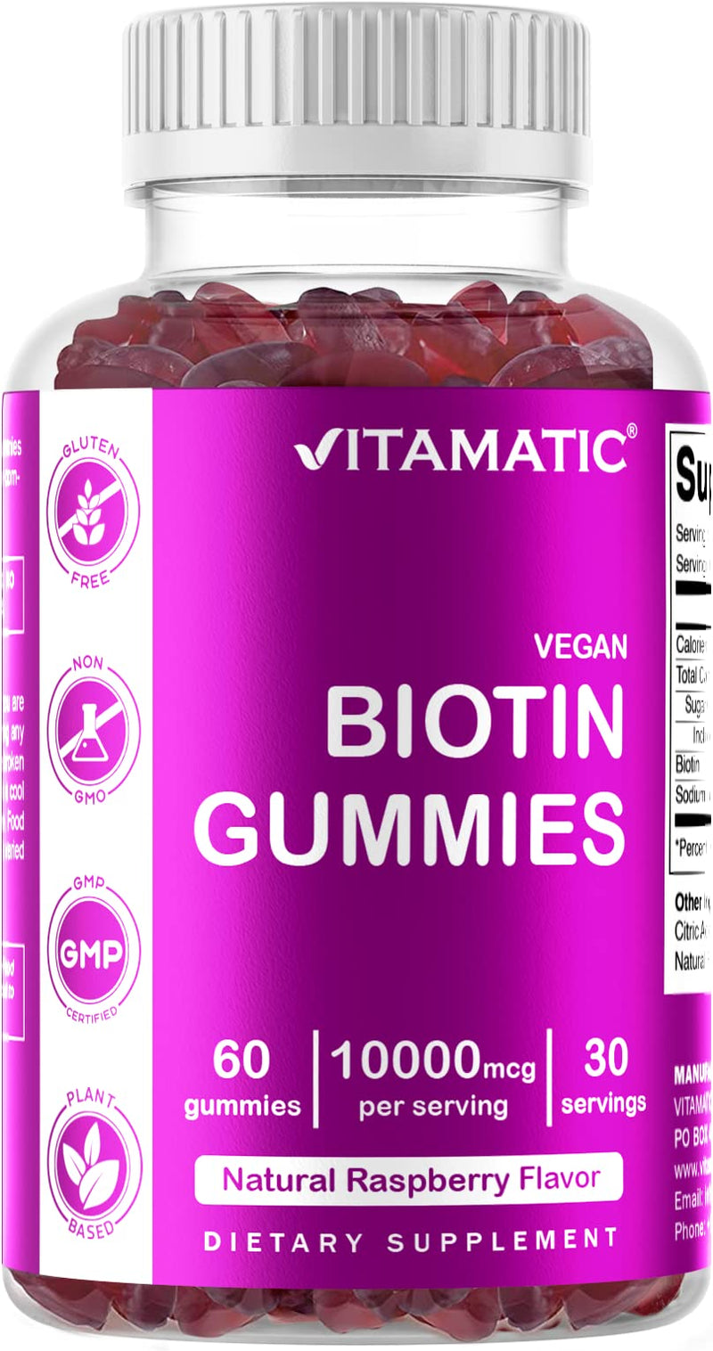 Vitamatic Biotin Gummies 10,000 mcg for Stronger Hair, Skin & Nails - 60 Vegan Gummies - Also Called Vitamin B7 (1 Bottle) 1 Bottle - BeesActive Australia