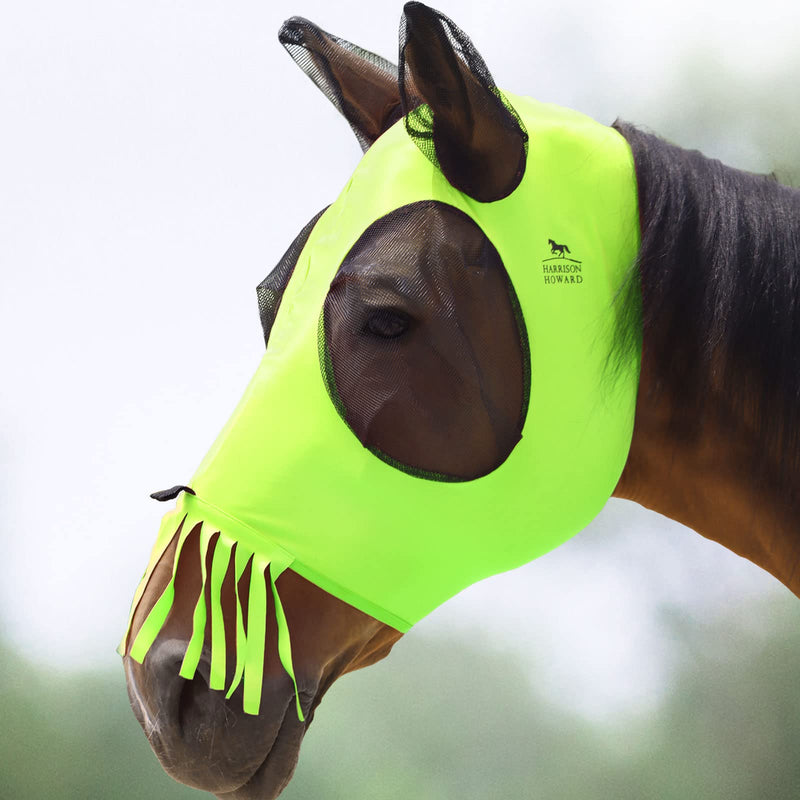 Harrison Howard Superior Comfort Breathable Fly Masks Soft on Skin with Tassels Natural Nose Swatter Full Size (Large) Tassel Fringe-Fluro-Lime - BeesActive Australia