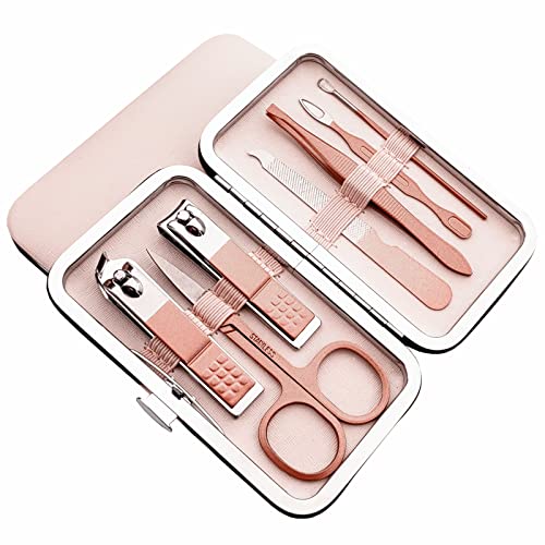 QURIPE 7pcs Manicure Set, Nail Clippers Kit, Stainless Steel Manicure Kit, Nail Clipping Tools Portable Travel Grooming Kit, The Best Gift with Luxurious Case(Rose Gold) Rose Gold