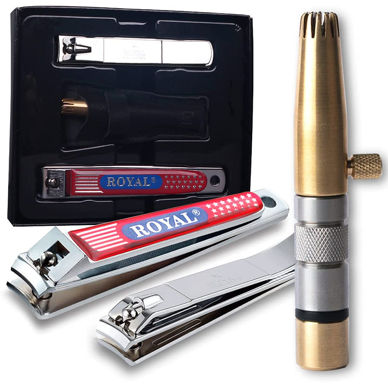 ROYAL [Made in Korea] NO Battery,3 Pcs Nose Hair Trimmer Set,Value Pack(Nose Hair Trimmer with 2 Nail Clippers) The Best Gift for Family, (Black&Brass) Stainless & Brass Set