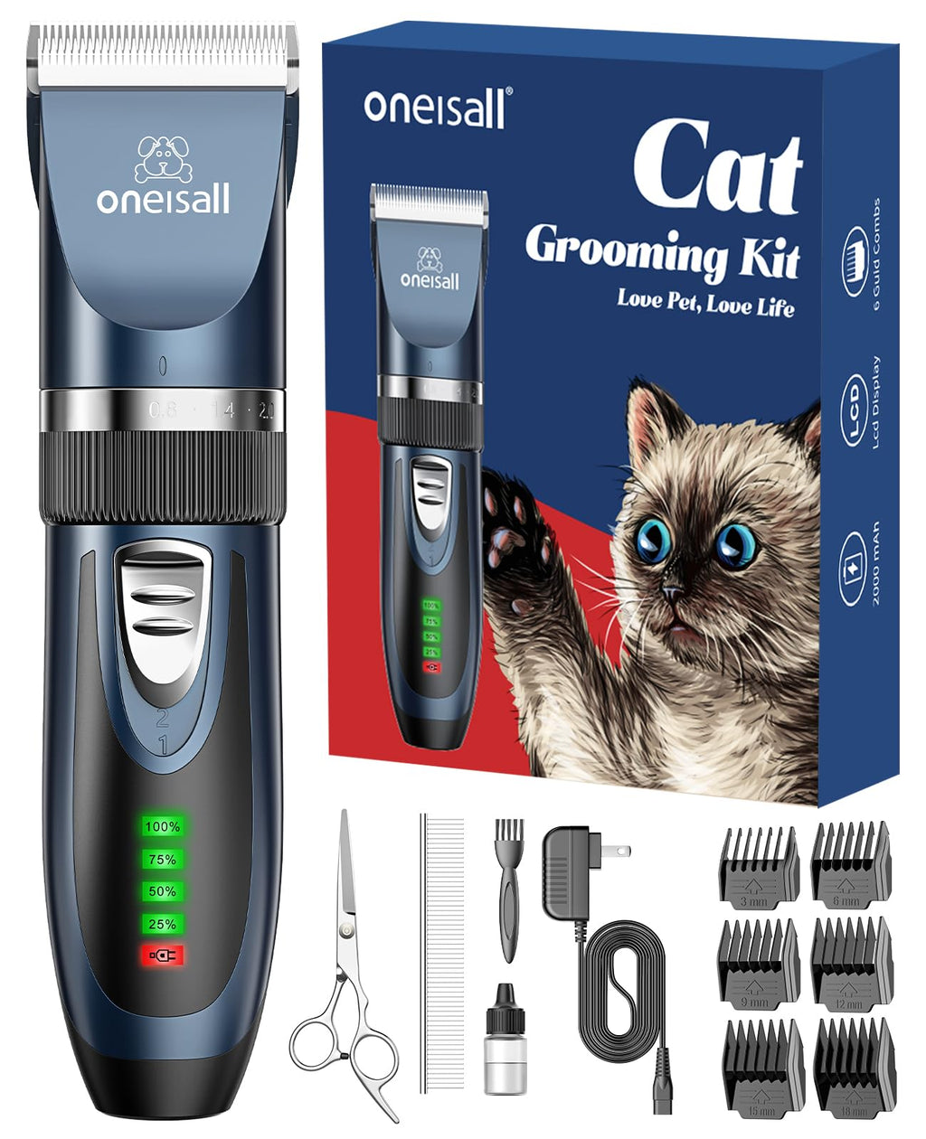 oneisall Cat Clippers for Matted Hair, Quiet Cat Shaver for Long Hair, Cordless Cat Hair Trimmer for Grooming, 2 Speed Pet Shaver Cat Grooming Kit for Cats Small Dogs Animals (Blue) Blue