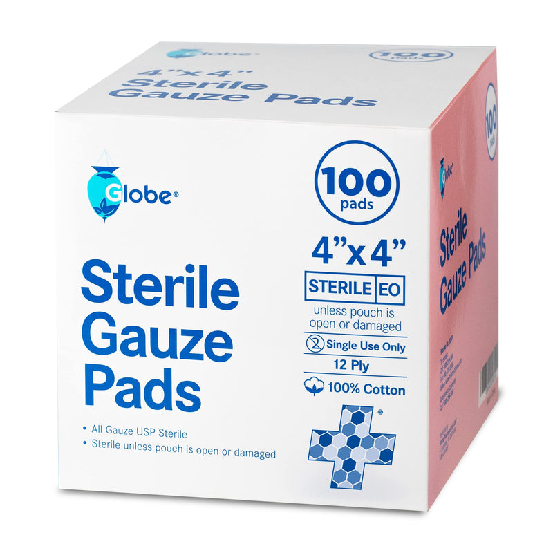 Globe 4’’ x 4" Advanced Sterile Gauze Pads for Wound Dressing| 100-Pack, Individually Packed | 12-Ply Cotton & Highly Absorbent| Advanced Gauze Sponge-Pads for Wound Care & Home First Aid Kits (4 x 4) 4" x 4" - BeesActive Australia