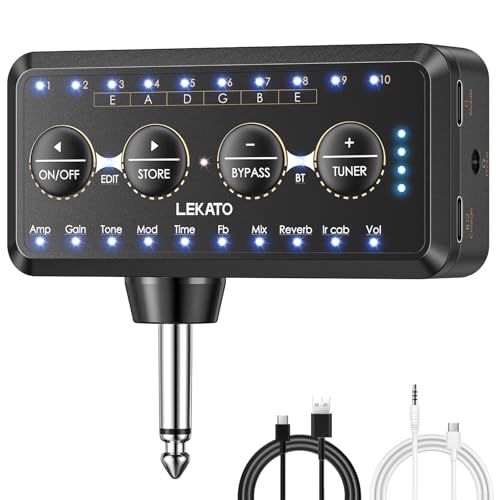 LEKATO Micro Guitar Headphone Amp Bass Guitar Headphone Amplifier with Multi Effects - Amp Models, IR Loading, Tuner, Rechargeable Electric Headphone Amplifier Delay Reverb Chorus Overdrive Portable