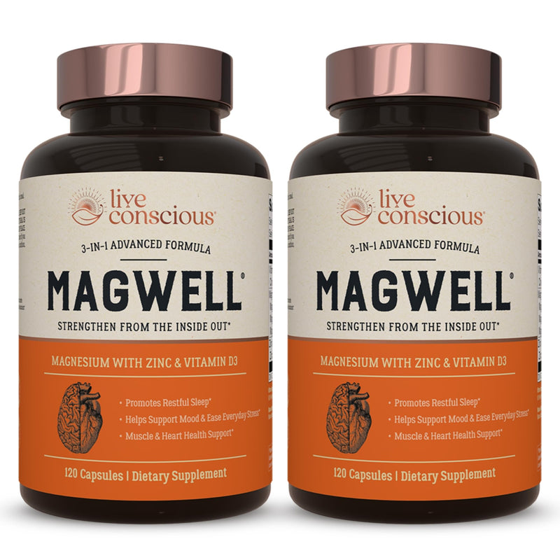 Live Conscious Magnesium Zinc & Vitamin D3 - Bioavailable Forms of Magnesium - Malate, Glycinate, Citrate - MagWell Bone & Heart Health, Immune System Support - 120 Capsules (2-Pack) 120 Count (Pack of 2)