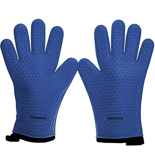 KITCHEN PERFECTION Silicone Smoker BBQ Gloves - Heat Resistant Oven Mitts Classic Blue One Size Fits Most