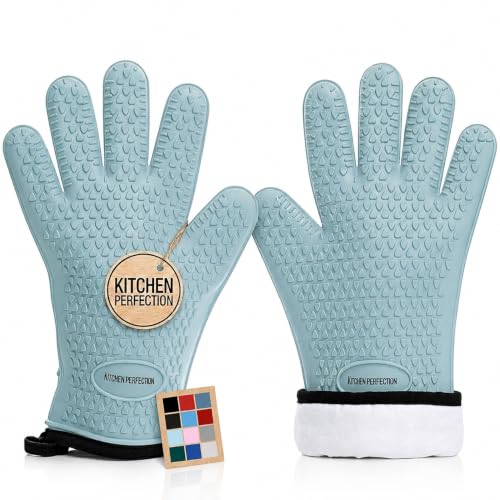 KITCHEN PERFECTION Smoker BBQ Grill Gloves -High Heat Resistant Oven Mitts Aqua One Size Fits Most