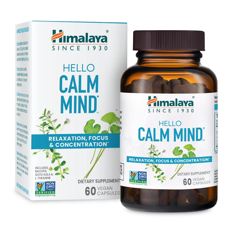 Himalaya Hello Calm Mind Herbal Supplement, with Bacopa, L-Theanine, Gotu Kola, Supports Concentration & Focus, Cognitive Function, Clear Thinking, Relaxation, Vegan, Gluten Free, 60 Capsules