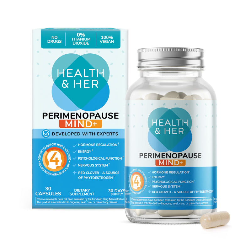 Health & Her Mind+ Perimenopause Dietary Supplement, 30 Day Supply | 4-in-1 daily multivitamin for women during perimenopause, with Ashwagandha & Red Clover; Vegan, gluten-free; 30 capsules