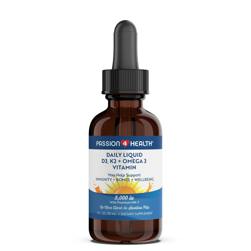 Passion 4 Health Organic Liquid Vitamin D3 K2 (Mk-7) + Omega 3 Supplement - Liquid Vitamin D Drops (5000IU) - Support for Healthy Bones and Muscles 1 Fl Oz (Pack of 1)