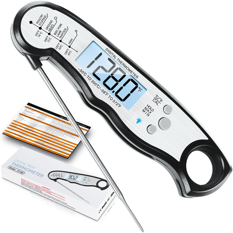 Digital Meat Thermometer, Waterproof Instant Read Food Thermometer for Cooking and Grilling, Kitchen Gadgets, Accessories with Backlight & Calibration for Candy, BBQ Grill, Liquids, Beef, Turkey… Black - Sliver - BeesActive Australia