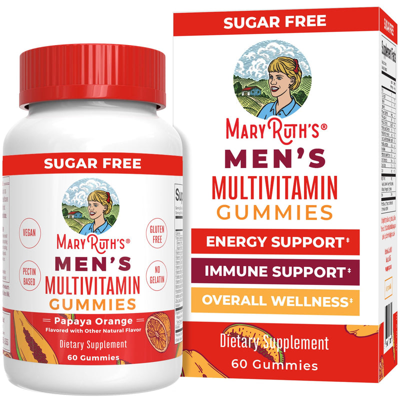 MARYRUTH'S Men's Multivitamin Gummies, Energy Metabolism, Vegan, 60 Count | Vitamin A, C, D, E, B6, B12, Biotin, Zinc, Energy Metabolism, Immunity, Bone Health, Cellular Health Papaya Orange 60 Count (Pack of 1)