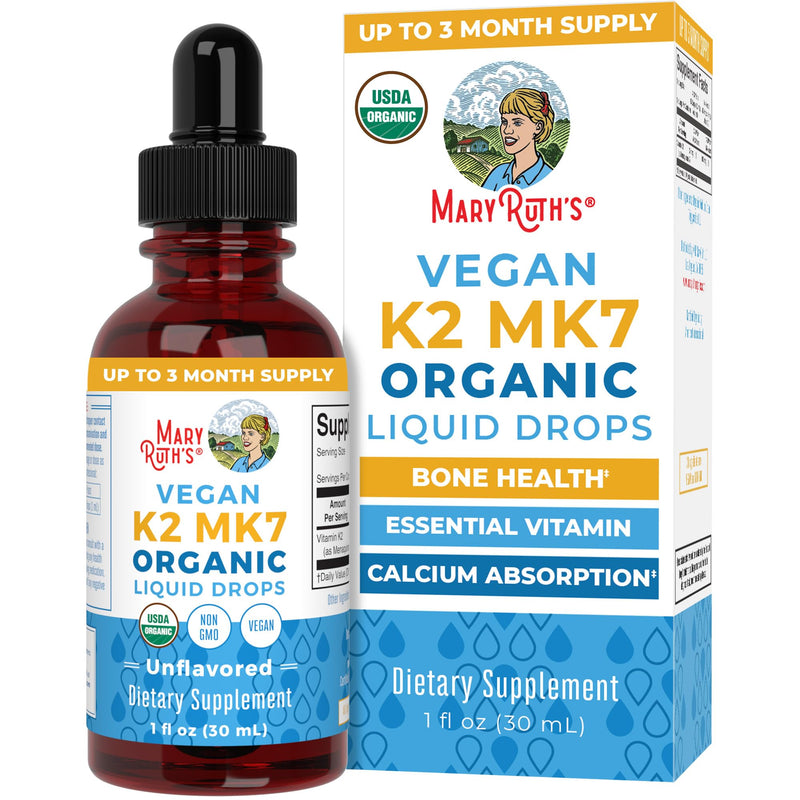 MARYRUTH'S USDA Organic Vitamin K2 MK7 Liquid Drops for Adults & Kids, 1 oz | Adults & Kids, Sourced from Natto, Menaquinone-7, Vegan K2 Vitamin for Bone Health & Calcium Absorption