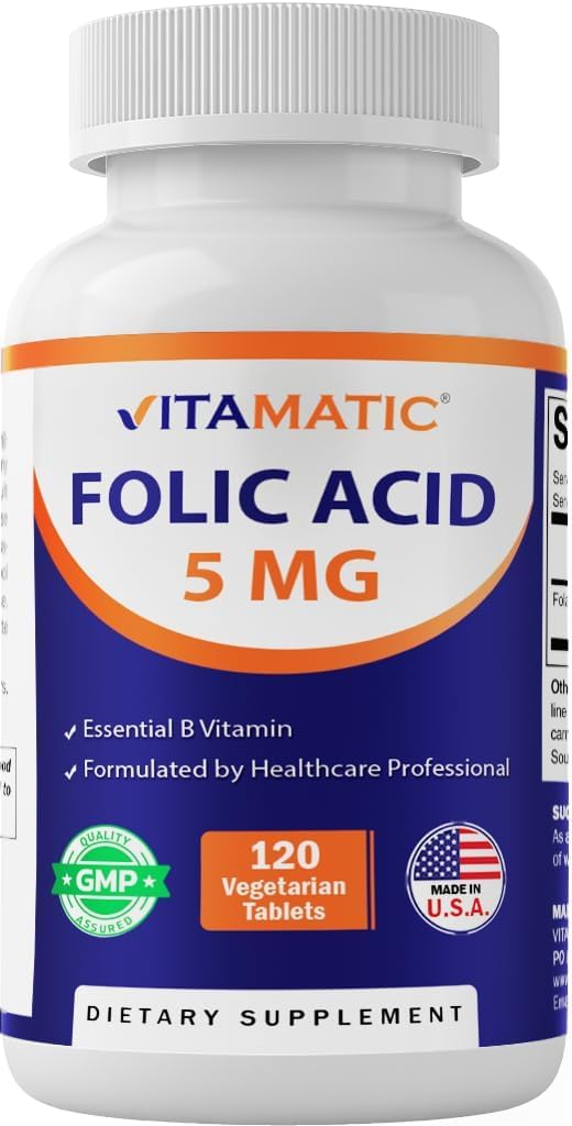Vitamatic Folic Acid 5 mg (5,000 mcg), 120 Vegetarian Tablets | Vitamin B9 | 8,333 mcg DFE Foalte, Support Red Blood Cell Formation*, Heart & Nervous System Health*, Non GMO, Gluten Free, Made in USA 120 Count (Pack of 1)
