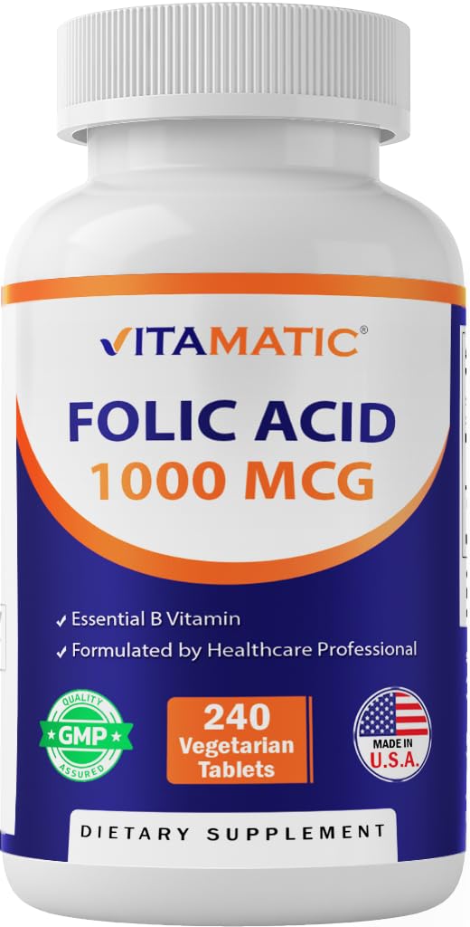 Vitamatic Folic Acid 1000 mcg (1 mg), 240 Vegetarian Tablets | Vitamin B9 | 1667 mcg DFE Folate, Support Healthy Cell Growth*, Red Blood Cell Formation*, Gluten Free, Non-GMO, Made in USA 240 Count (Pack of 1)