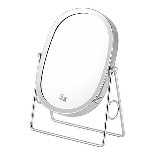 JOYOEIKON Classic Dual Sided 5X and 1X Magnifying Makeup Mirror and Tabletop Standing 360° Rotation Vanity Mirror,Desktop Cosmetic Mirror (Chrome) Chrome
