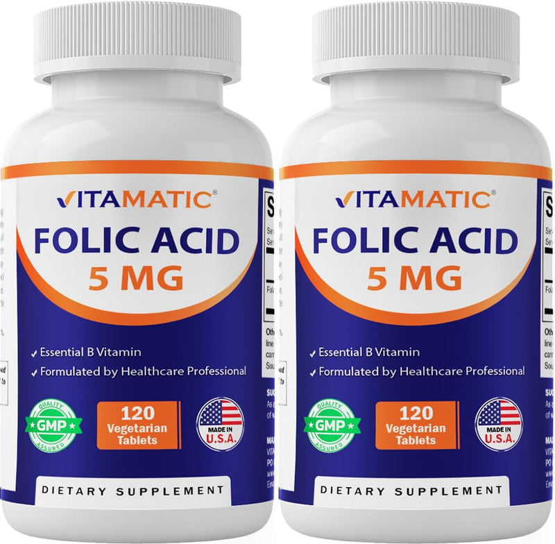Vitamatic Folic Acid 5 mg (5,000 mcg), 120 Vegetarian Tablets (2 Pack) | 8,333 mcg DFE Foalte, Support Red Blood Cell Formation*, Heart & Nervous System Health*, Non GMO, Gluten Free, Made in USA 120 Count (Pack of 2)