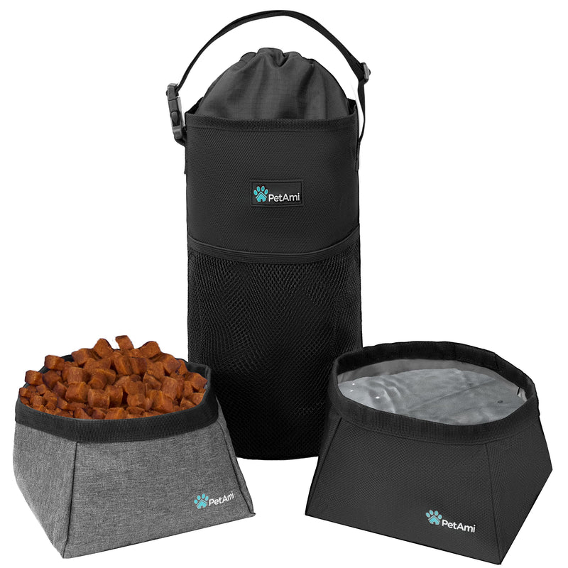 PetAmi Dog Food Travel Bag | Kibble Carrier for Dogs with Collapsible Dog Water Bowls Kit | Pet Food Travel Container Storage for Camping, Hiking Gear Accessories (Black, Grey) Food Bag & Collapsible Bowls Black & Gray - BeesActive Australia