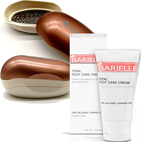 BARIELLE Portable Oval Gold & White Clamshell Foot File/Foot Rasp with 2.5oz Total Care Foot Cream 2-PC Foot Care Set