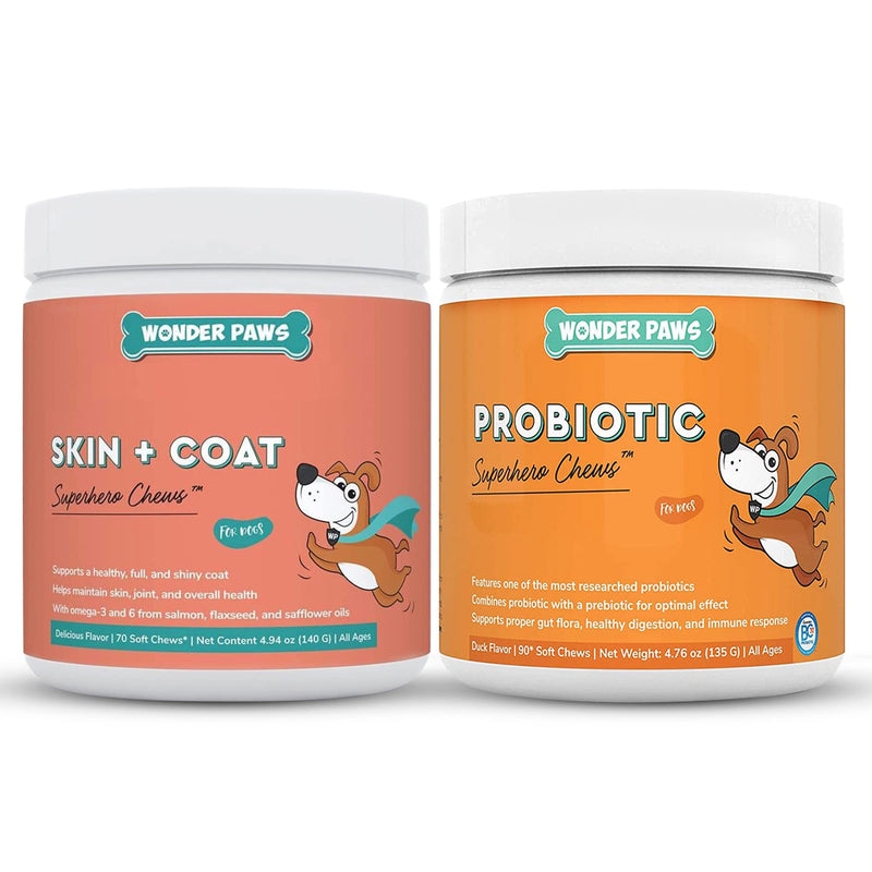 Skin + Coat Chews Plus Probiotic Superhero Chews - for Dog’s Skin and Coat Support, Joint Health, Digestive & Gut Health - Skin + Coat 70 Chews - Probiotic 90 Chews - PawsPlanet Australia