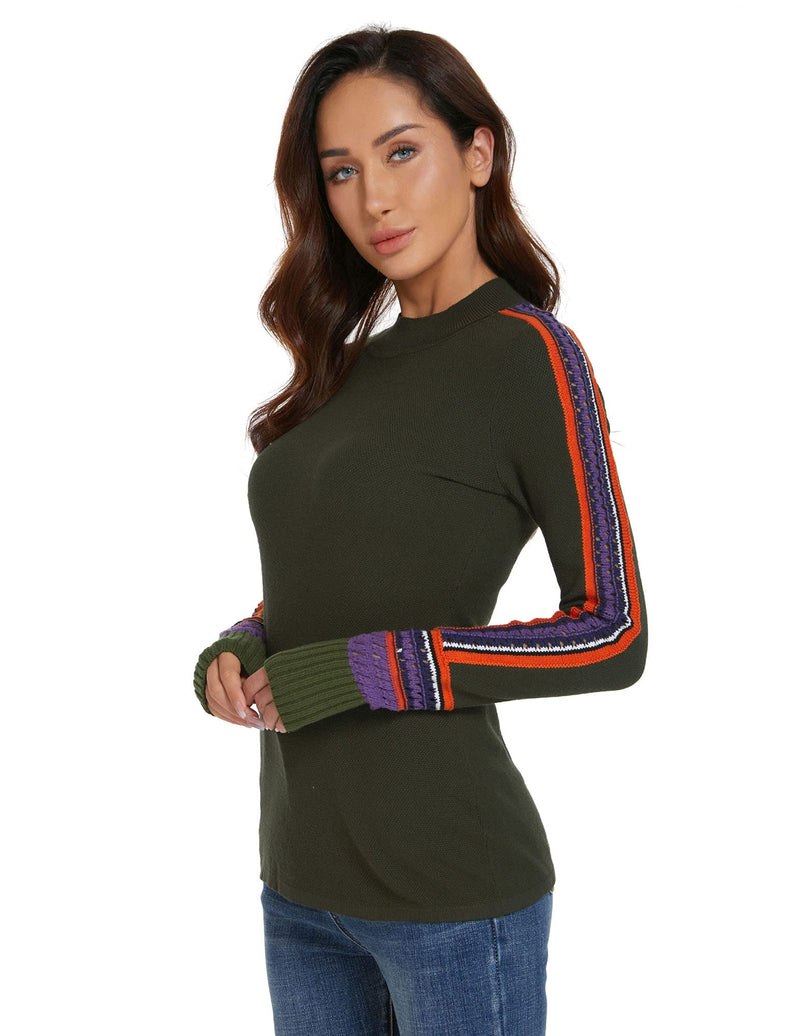 AmélieBoutik Women Mock Neck Fair Isle Trim Long Sleeve Pullover Knit Sweater Small Dark Olive Green - BeesActive Australia