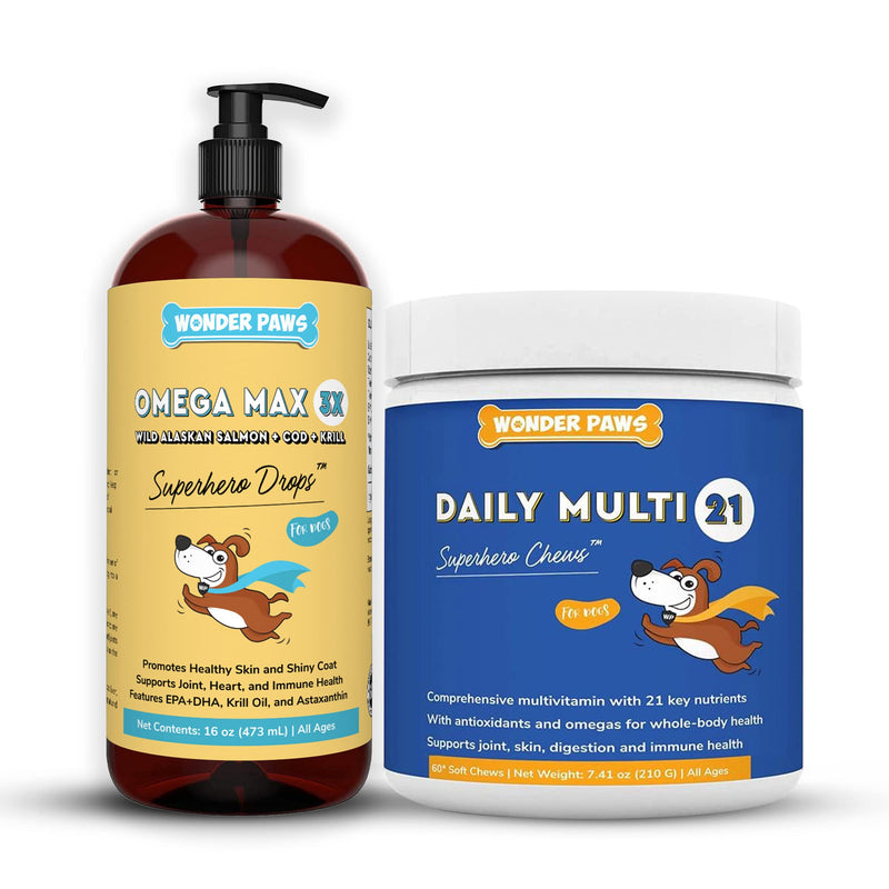 Omega Max Fish Oil Plus Daily Multivitamin Chews - for Dog Joint Health, Skin Moisture, Immune System Support & Daily Wellness - Omega Max 16 Ounces - Multivitamin 60 Chews - PawsPlanet Australia