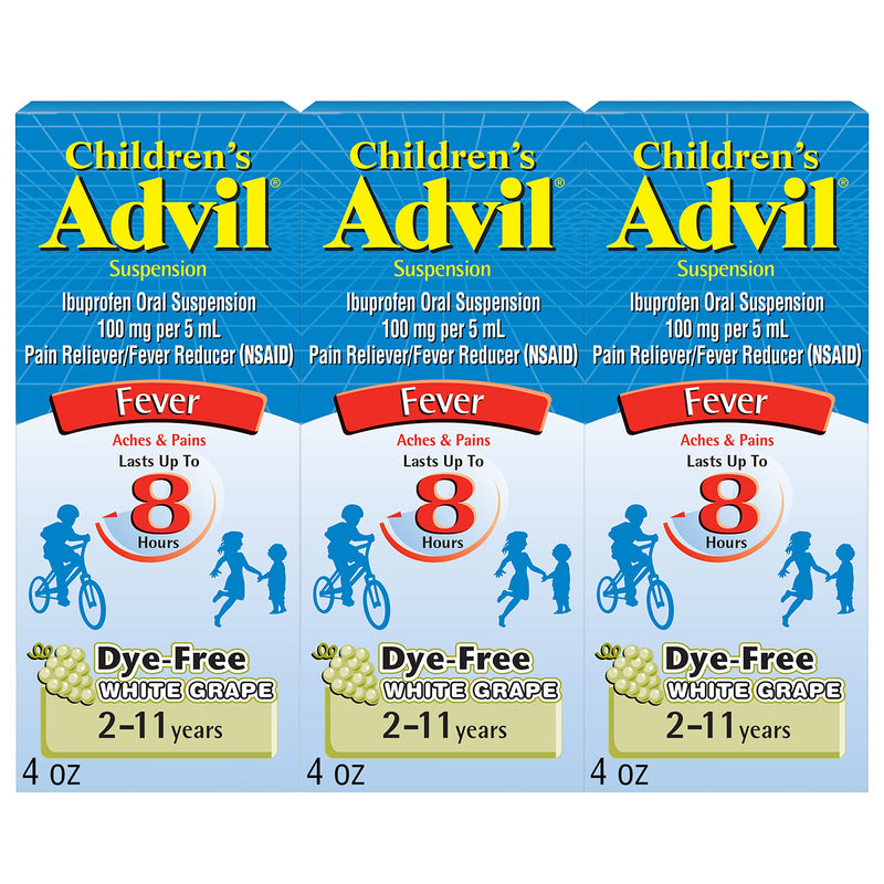 Advil Children's Pain Reliever and Fever Reducer, Dye Free Children's Ibuprofen for Pain Relief, Liquid Ibuprofen for Children, White Grape - 4 Fl Oz (Pack of 3) 4 Fl Oz (Pack of 3)