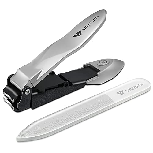 Nail Clippers with Catcher, No Splash Fingernail Toenail Clippers with Sharp Curved Blade and Glass Nail File, Wide Jaw Opening Stainless Steel Nail Cutter Trimmer for Seniors Adult Men Women Silver