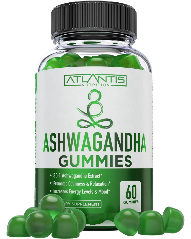 Atlantis Nutrition Ashwagandha Gummies - Ashwagandha Extract 30:1 - Promotes Calmness, Improves Mood, Boosts Energy Levels & Strengthens Immune System - Formulated w/Vitamin D & Zinc - Vegan | 60 Ct