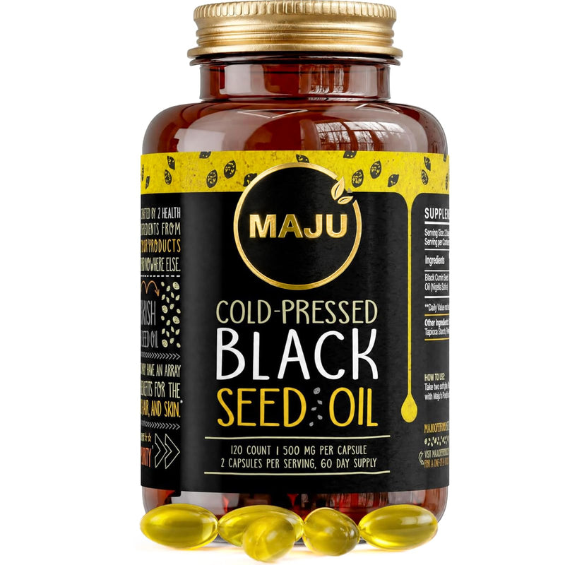 Maju Superfoods Black Seed Oil Capsules, Strong Cold Pressed, 3X Thymoquinone, 100% Turkish Black Cumin Nigella Sativa Seed Oil, Organic BSO, Liquid Blackseed, 120 Count, 500mg per Capsule 120 Count (Pack of 1)