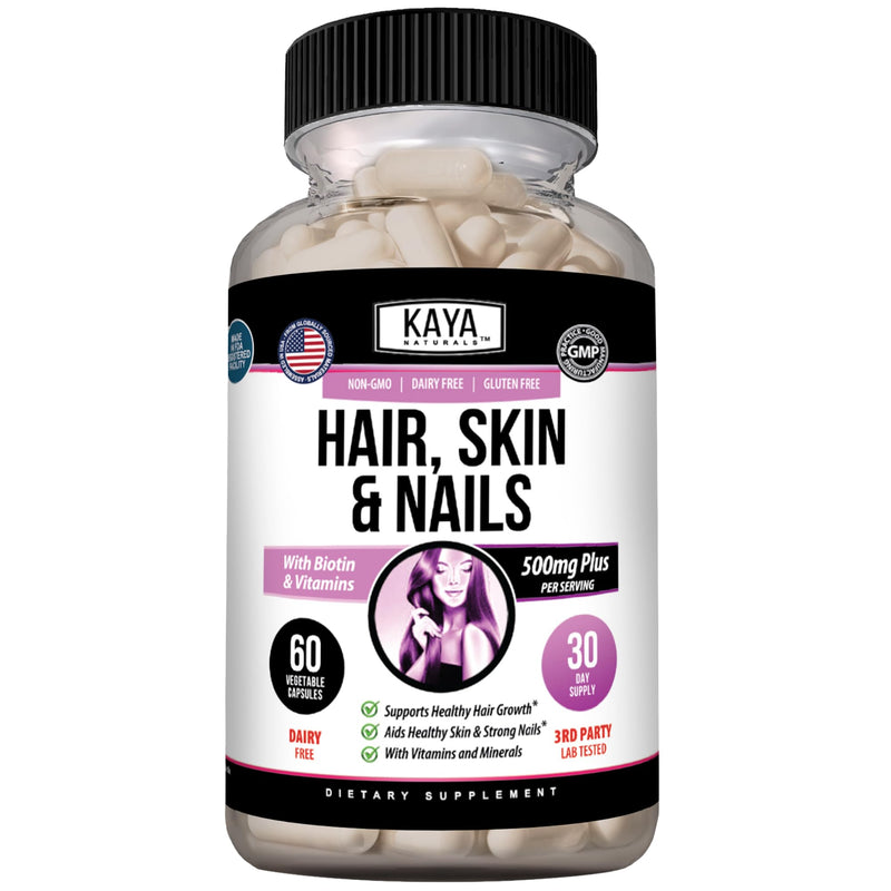 Kaya Naturals Hair Skin Nail Capsules, 60 Count | Biotin, Vitamin D, Vitamin B-12, Vitamin A, Folic Acid 60 Count (Pack of 1)