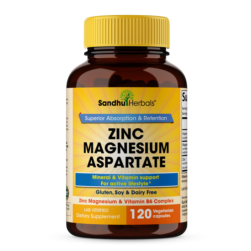 SANDHUHERBALS Zinc Magnesium Aspartate Supplement 120 Capsules| with Vitamin B6 & Zinc | High Absorption, Sleep and Immune Support | for Men & Women Magnesium Zinc Aspartate 120 Count (Pack of 1)