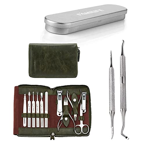 FAMILIFE Manicure Set, Nail Kit 11 in 1 pedicure kit Stainless Steel Mens Manicure Kit Leather Pedicure Tools and 100% Stainless Steel Ingrown Toenail File and Lifter Double Sided with Storage Case