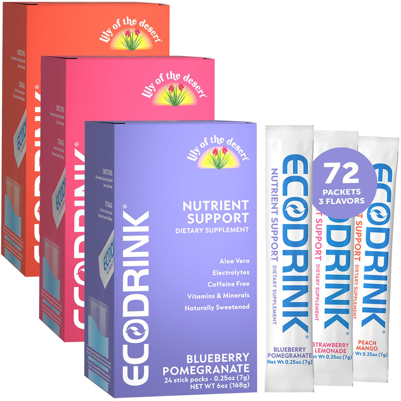 Lily of The Desert EcoDrink Nutrient Support Hydration Packets (3 Flavors) – Naturally Sweetened Multivitamin Electrolyte Mix with Aloe, 24 Stick Packs/Box, 0.25 Oz Ea