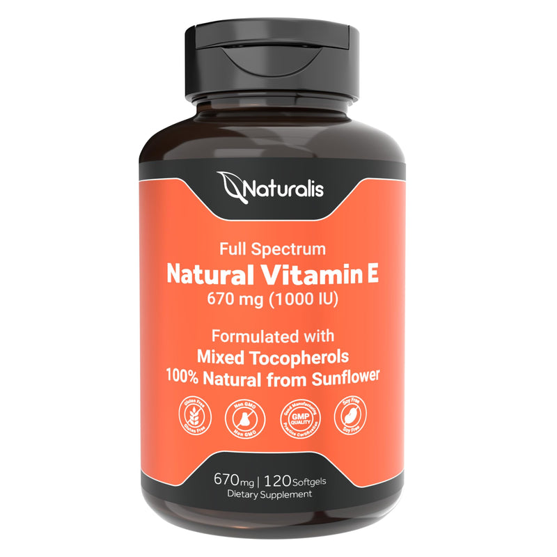 Naturalis Sunflower Vitamin E 670mg (1000 IU) with Mixed Tocopherols | Essential Skin Vitamin & Immune Support | Non-GMO, Soy & Gluten Free | 120 Softgels 1000 IU 120 Count (Pack of 1)