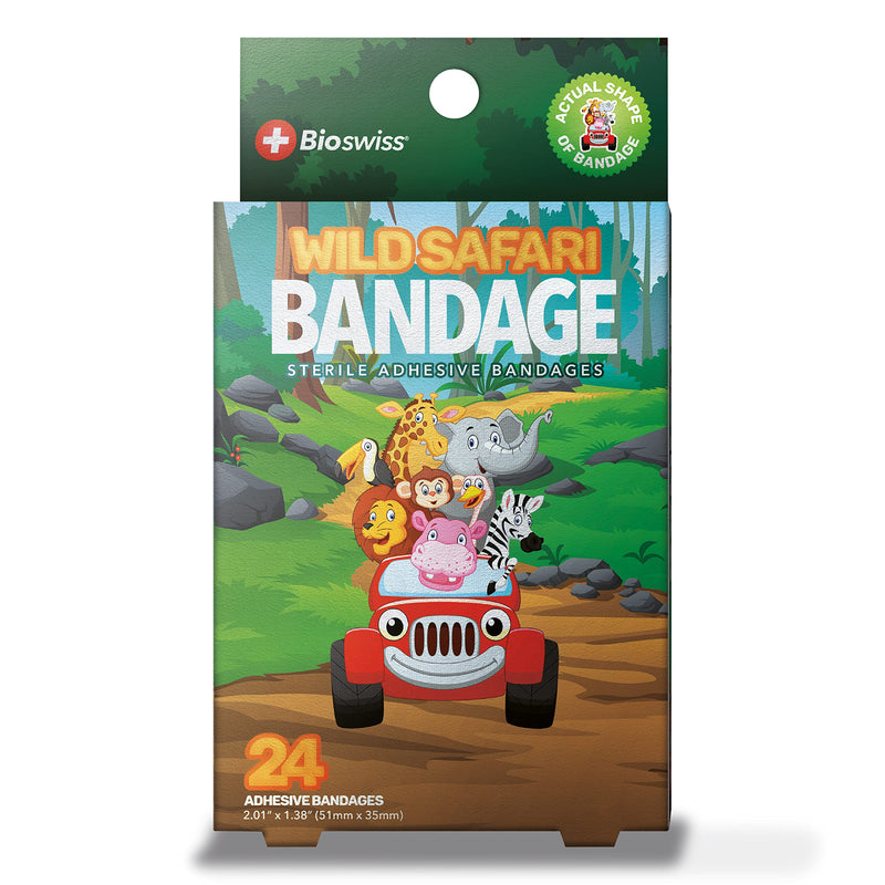 BioSwiss Bandages, Wild Safari Animals Shaped Self Adhesive Bandage, Latex Free Sterile Wound Care, 24 Count 24-Count Box - BeesActive Australia
