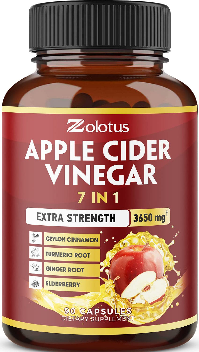 Zolotus 7 in 1 Apple Cider Vinegar Capsules, Equivalent to 3650mg, 3 Month Supply with Ceylon Cinnamon, Ginger Root, Turmeric, Elderberry, Best Supplement for Digestion, Immune 90 Count (Pack of 1) - BeesActive Australia