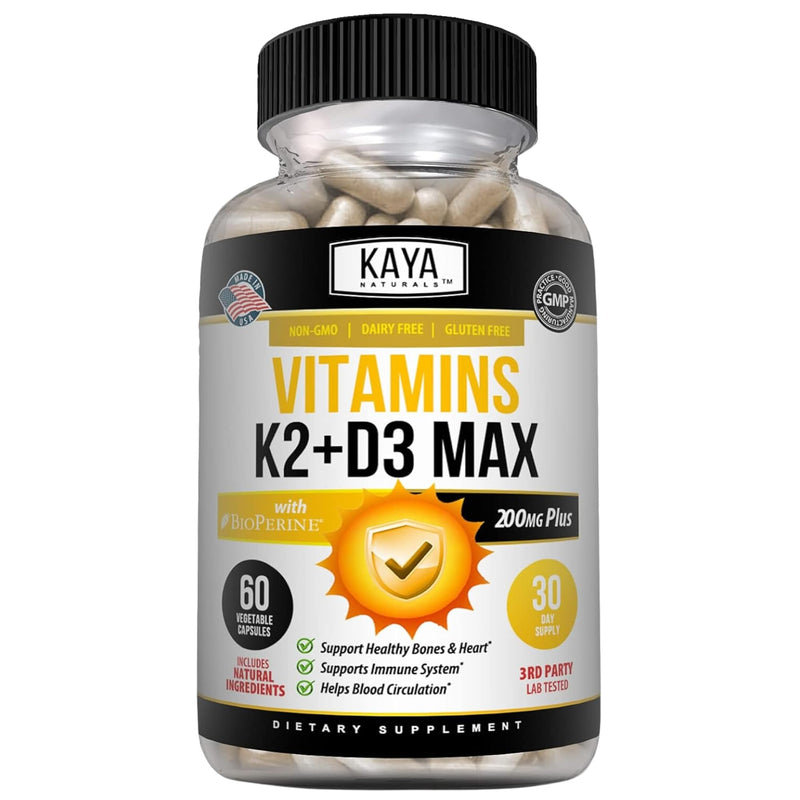 Kaya Naturals Vitamins K2 with D3 5000IU Supplement for Men and Women - Easy to Swallow - Bioperine Capsules (60 Count (Pack of 1) 60 Count (Pack of 1)