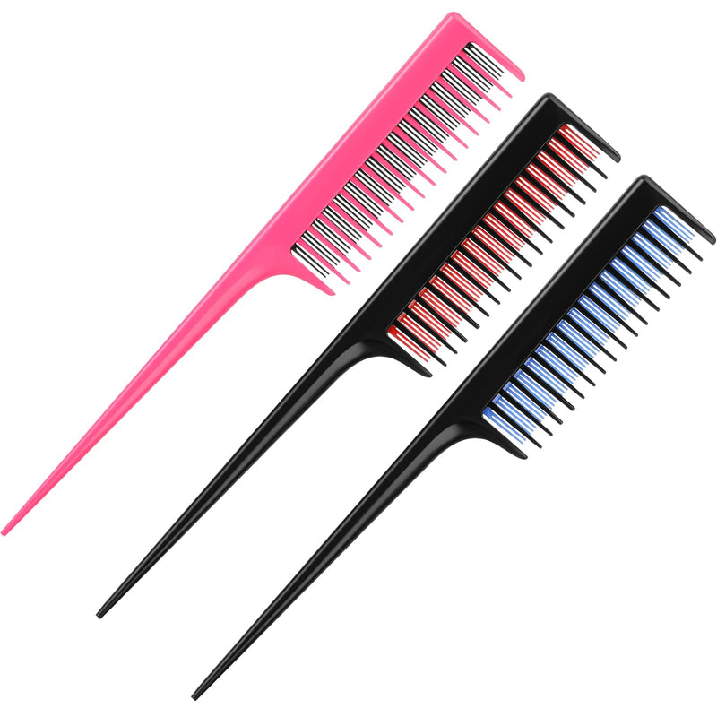 Leinuosen 3 Piece Triple Teasing Comb Rat Tail Tool and Structure Tease Layers Rattail for Women Back Combing Root Adding Volume Evening Styling (Black Red, Black Blue, Pink Black) Black and Red, Black and Blue, Pink and Black - BeesActive Australia