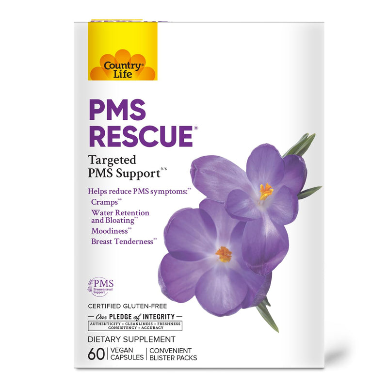 Country Life PMS Rescue PMS Support Supplement for Women, Menstrual Cycle Support, Helps Support Mood, Bloating & Cramps, Herbal & Nutrient Blend, Vegan Capsules, 60 Count