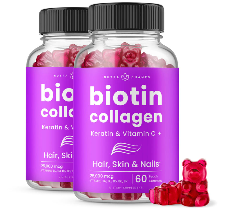 NutraChamps Biotin Gummies 10,000mcg with Collagen, Keratin & More – Hair Skin and Nails Vitamins for Women & Men – Support Normal Hair Growth Cycle - Enhanced with Vitamin C, D3, Zinc (Pack of 2)