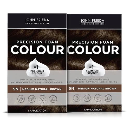 John Frieda Precision Foam Colour, Medium Natural Brown 5N, Full-coverage Hair Color Kit, Anti-Fade Gray Coverage, Deep Color Saturation Hair Dye, Pack of 2 Grey,Brown 1 Count (Pack of 2)